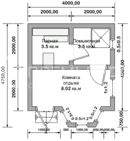 План бани из бруса 4х4.75 м. - Проект Б-4