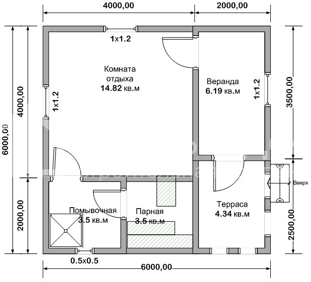 План каркасной бани 6х6 м. - Проект БК-6