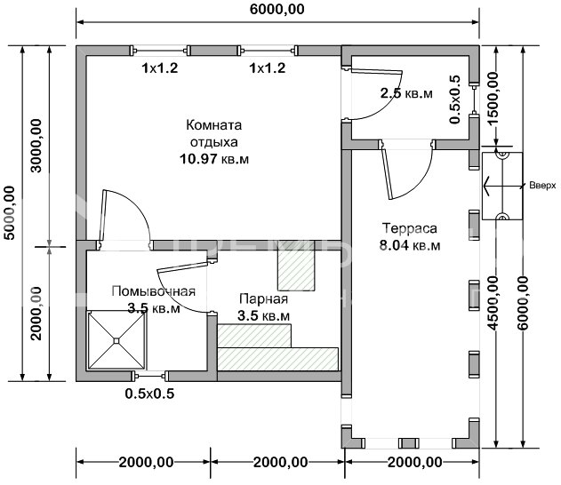 План каркасной бани 6х6 м. - Проект БК-7