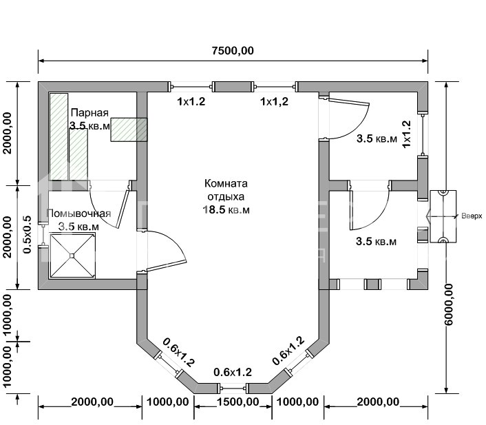 План каркасной бани 6х7.5 м. - Проект БК-8