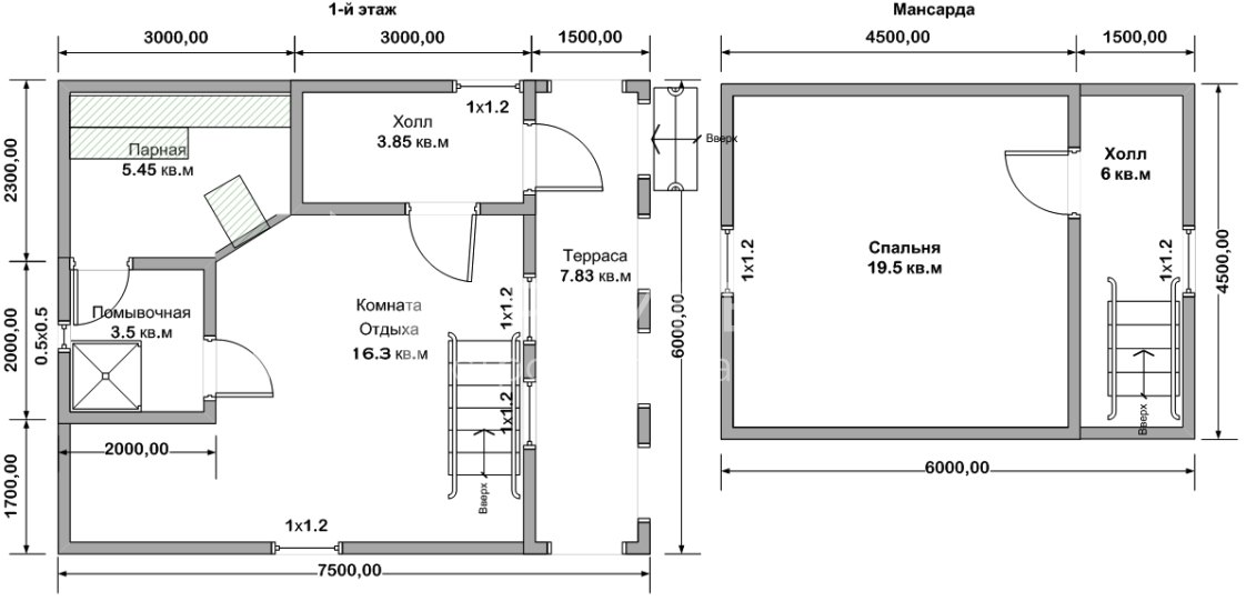 План каркасной бани 6х7.5 м. - Проект БК-9