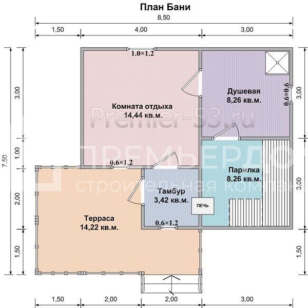 План каркасной бани 7.5х8.5 м. - Проект БК-21