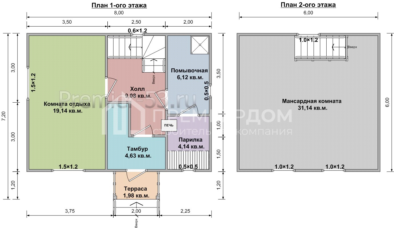 План каркасной бани 6х8 м. - Проект БК-23