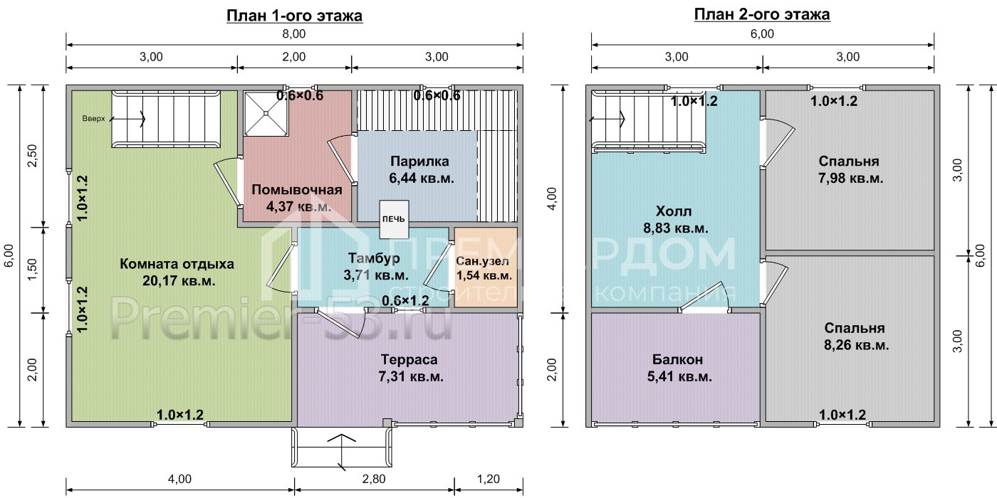 План каркасной бани 6х8 м. - Проект БК-24