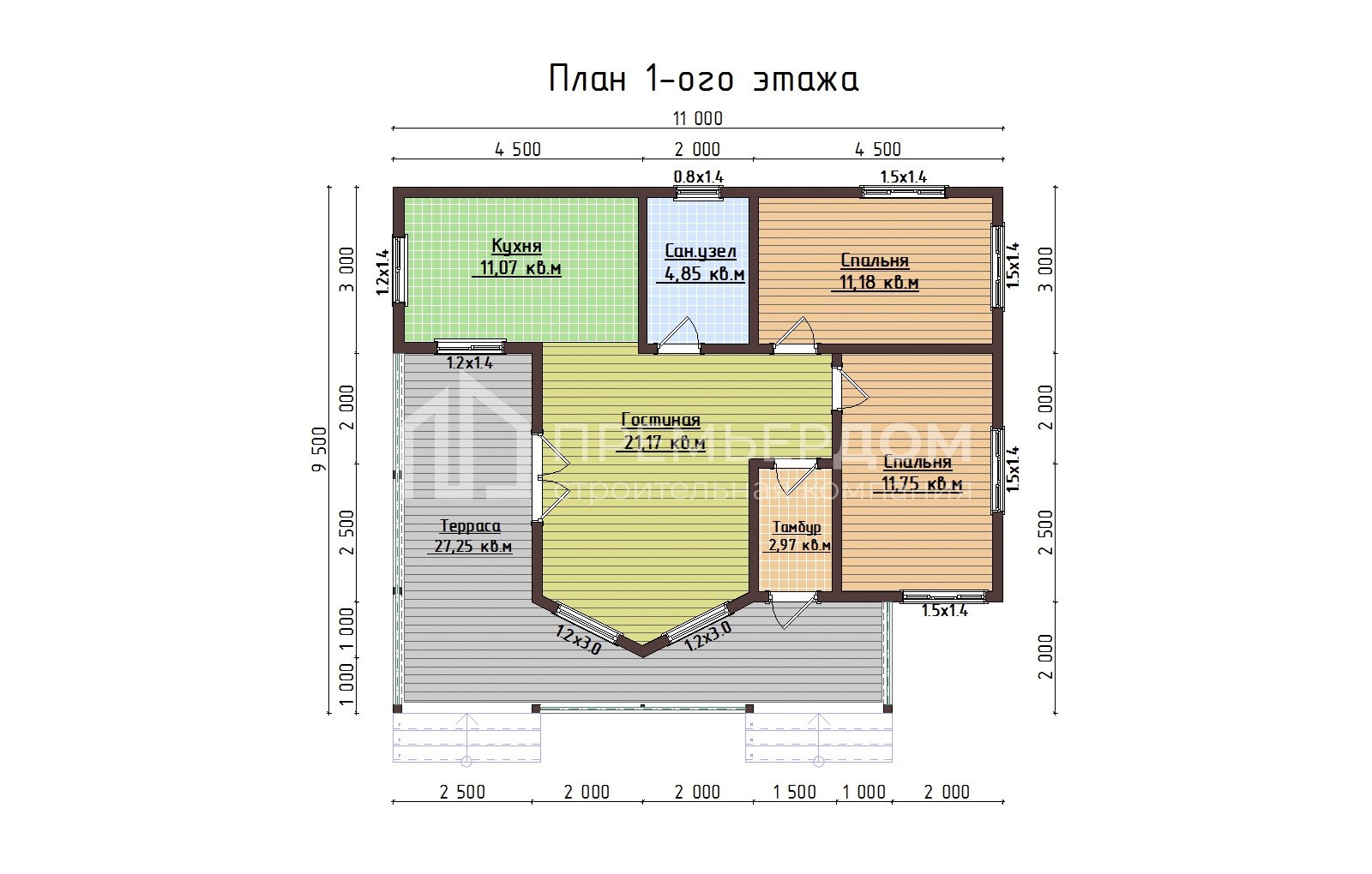 План дома из бруса 9.5х11 м. - Бруклин 2