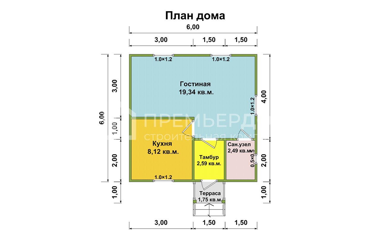 План дачного дома 6х6 м. - Проект А-1