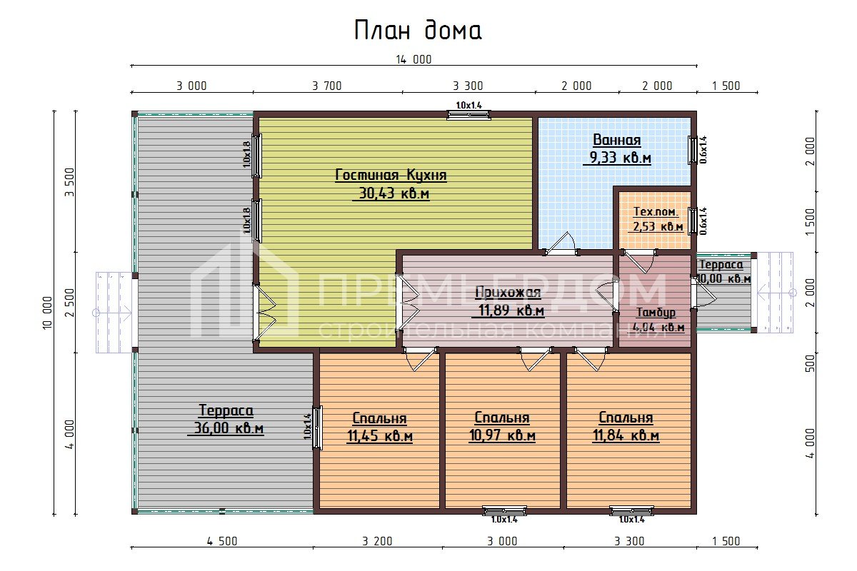 План дома из бруса 10х14 м. - Гармония 2