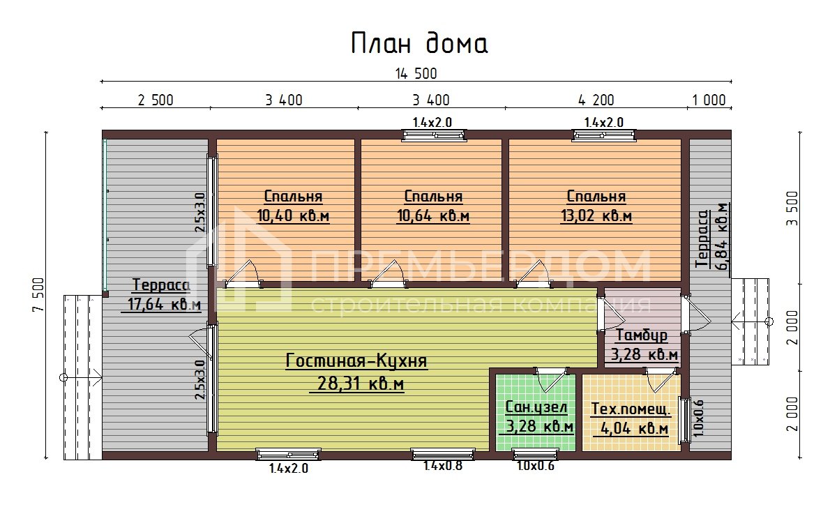 План каркасного дома 7.5х14.5 м. - Лейд