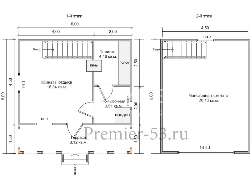 План каркасной бани 6х6 м. - Проект БК-15
