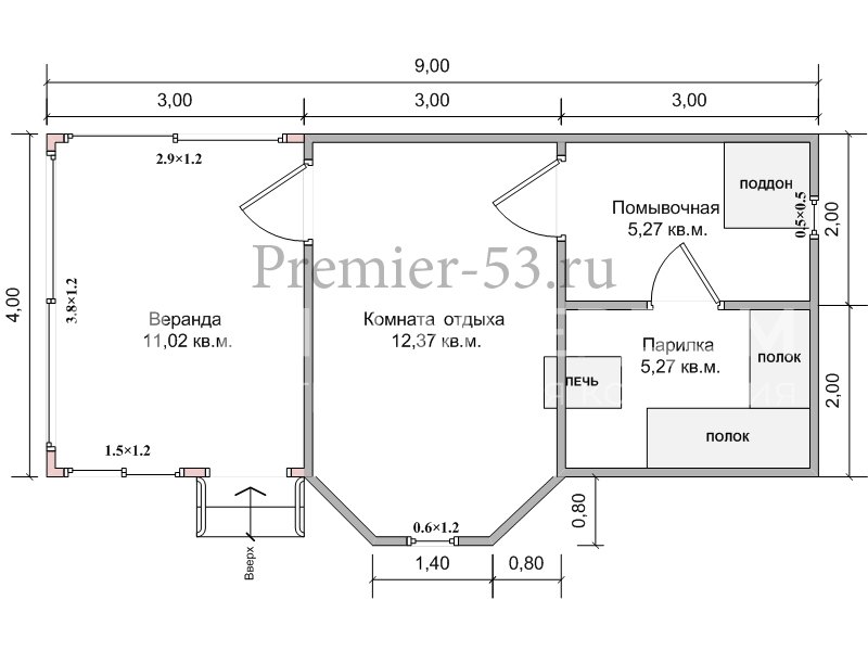 План бани из бруса 4х9 м. - Проект Б-17