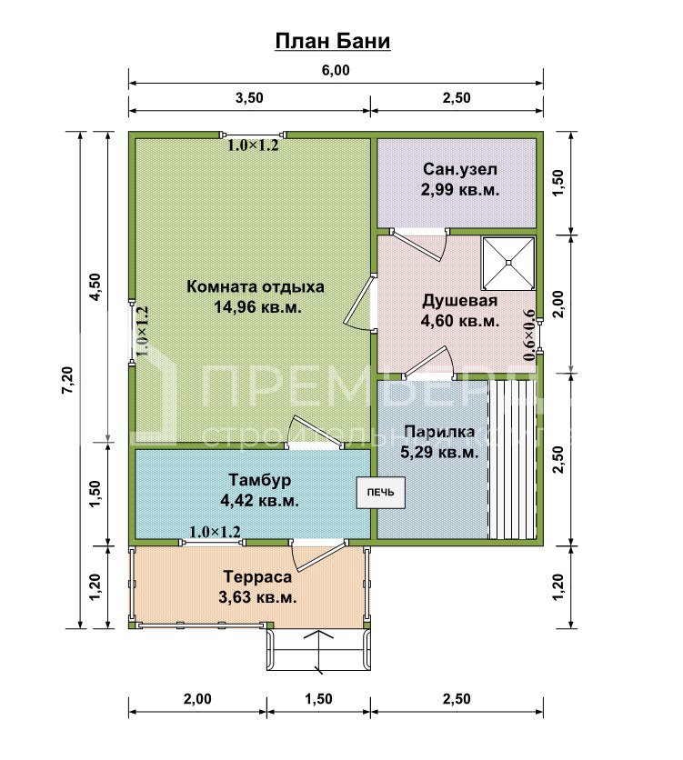 План бани из бруса 6х7.2 м. - Проект Б-27